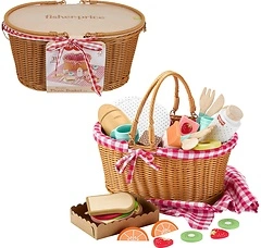 Fisher-Price Wood Pretend Play Toy Picnic Basket, 31-Piece Food Playset