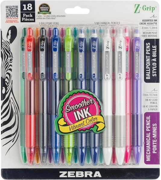 Zebra Pen Z-Grip Retractable Ballpoint Pen and Mechanical Pencil Set, 18-Pack