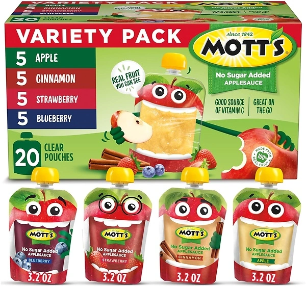 Mott's No Sugar Added Applesauce Variety Pack, 20 Pouches, 4 Flavors