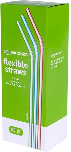 Amazon Basics Disposable Striped Plastic Flex Straws, 7.5", 100 Count