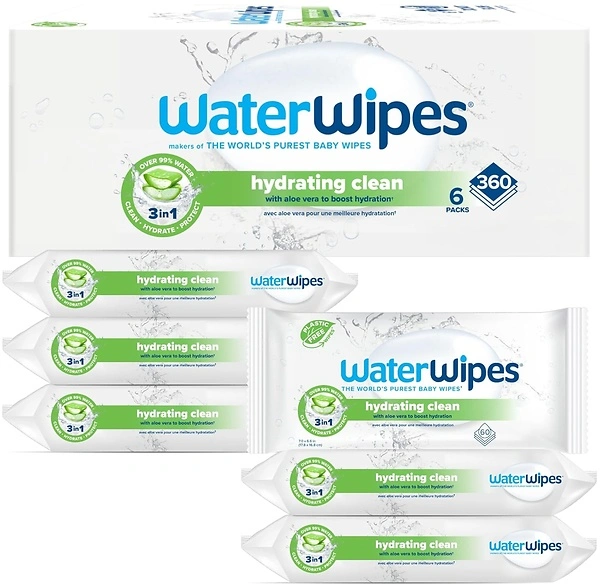WaterWipes Hydrating Clean Baby Wipes, 99% Water, Aloe Vera, 360 Count (6 Packs)