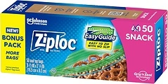 Ziploc Snack Bags with EasyGuide Texture, Small, Grip 'N Seal, 50 Bags Total