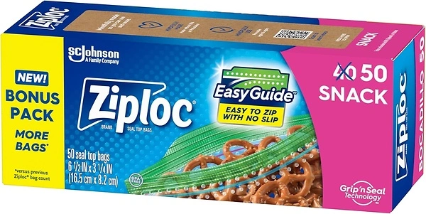 Ziploc Snack Bags with EasyGuide Texture, Small, Grip 'N Seal, 50 Bags Total