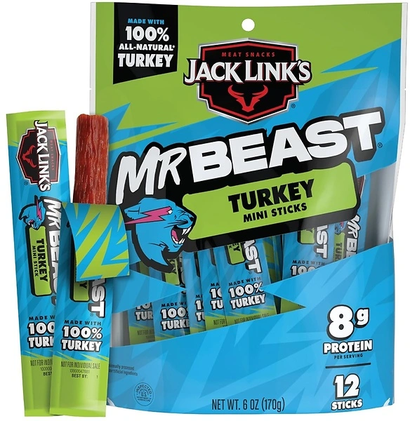 Jack Link's x MrBeast Turkey Mini Sticks, 8g Protein, Zero Sugar, 12 Count