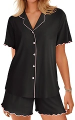 Ekouaer Button Up Pajamas Set for Women, Short Sleeve Ribbed Knit, 2 Piece, Black S