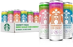 Starbucks Iced Energy Drink, 3 Flavor Variety Pack, Zero Sugar, 12 Cans