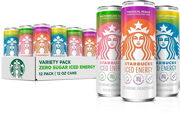 Starbucks Iced Energy Drink, 3 Flavor Variety Pack, Zero Sugar, 12 Cans