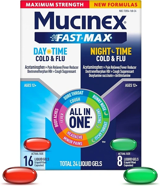 Mucinex Fast-Max Maximum Strength Day & Night Cold and Flu Medicine, 24 Count