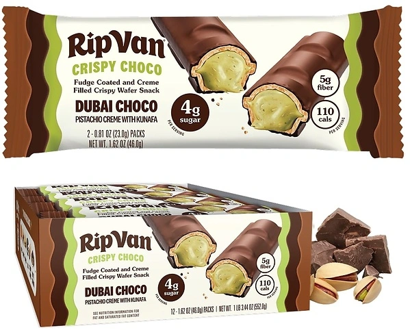 Rip Van Dubai Chocolate Bar, Crispy Choco, Healthy Snack, 12 Pack