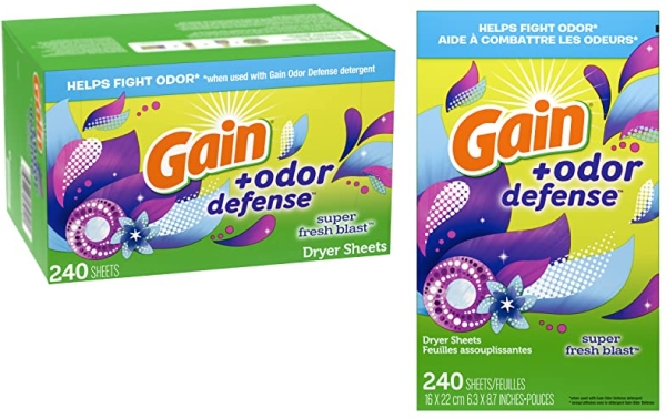 Gain + Odor Defense Dryer Sheets, Super Fresh Blast Scent Fabric ...